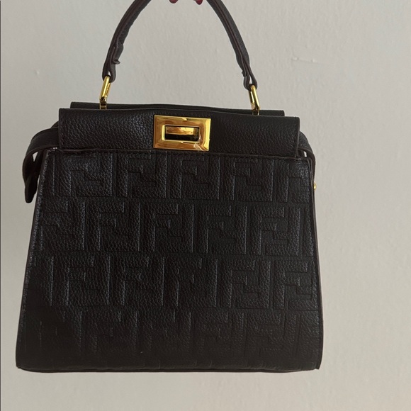 Black Designer Inspired Logo Handbag with Gold Hardware - Picture 3 of 11